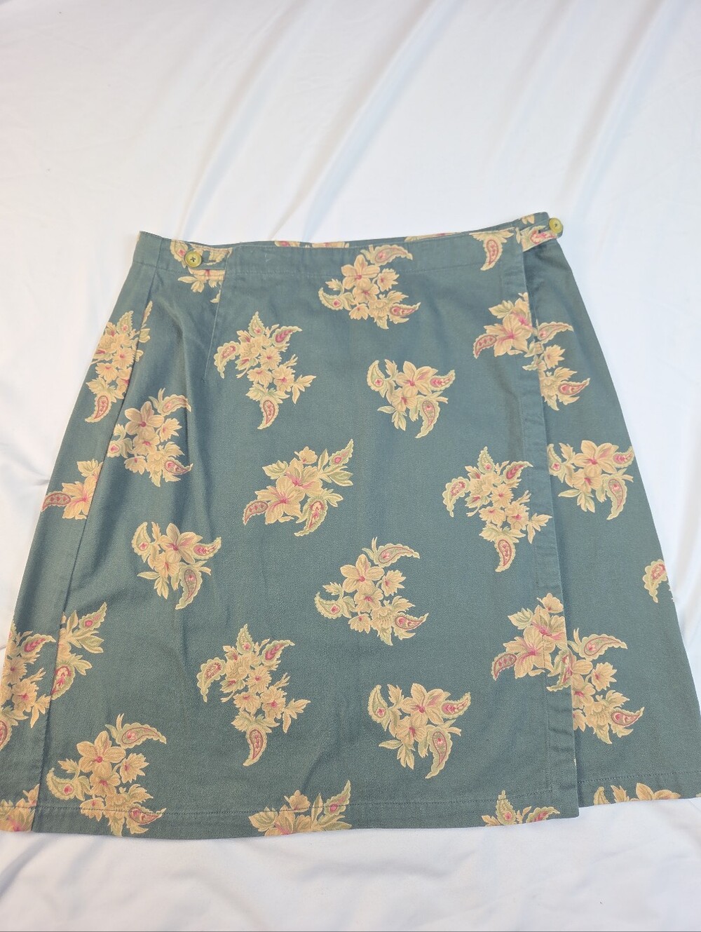 Eddie Bauer VTG 90's Green Paisly Floral Print Button Flap Knee Length Skirt
